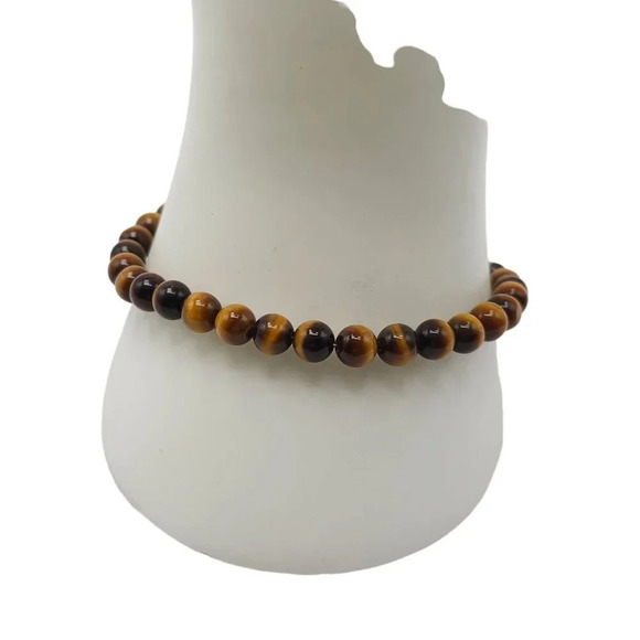 14k Gold Filled Tiger Eye Round Shape Beads Bangle Bracelet Vintage - Picture 1 of 5